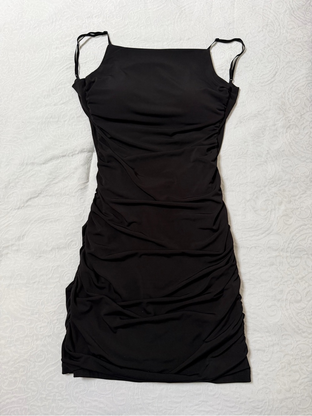 Emerald Sundae Black Low-Back Ruched Mini Dress